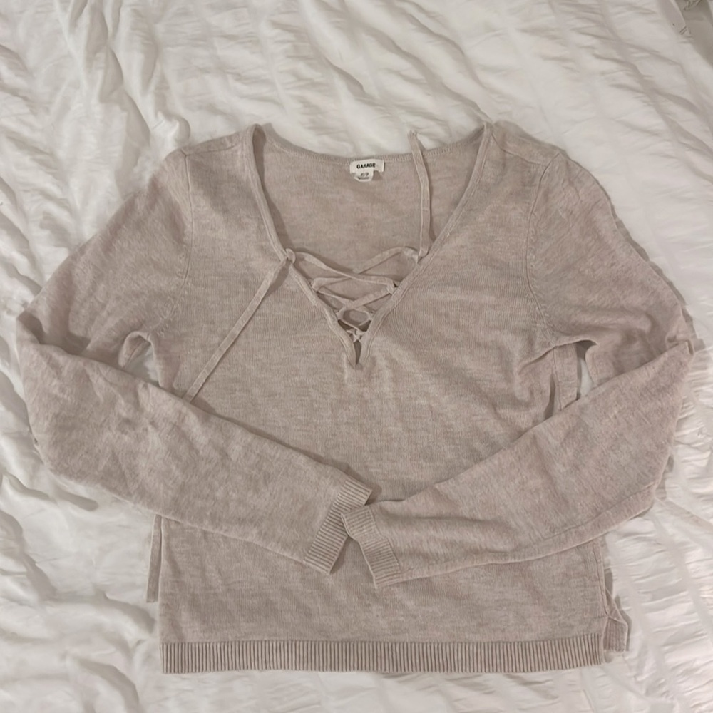 Super soft cotton blend sweater tan XS tie front